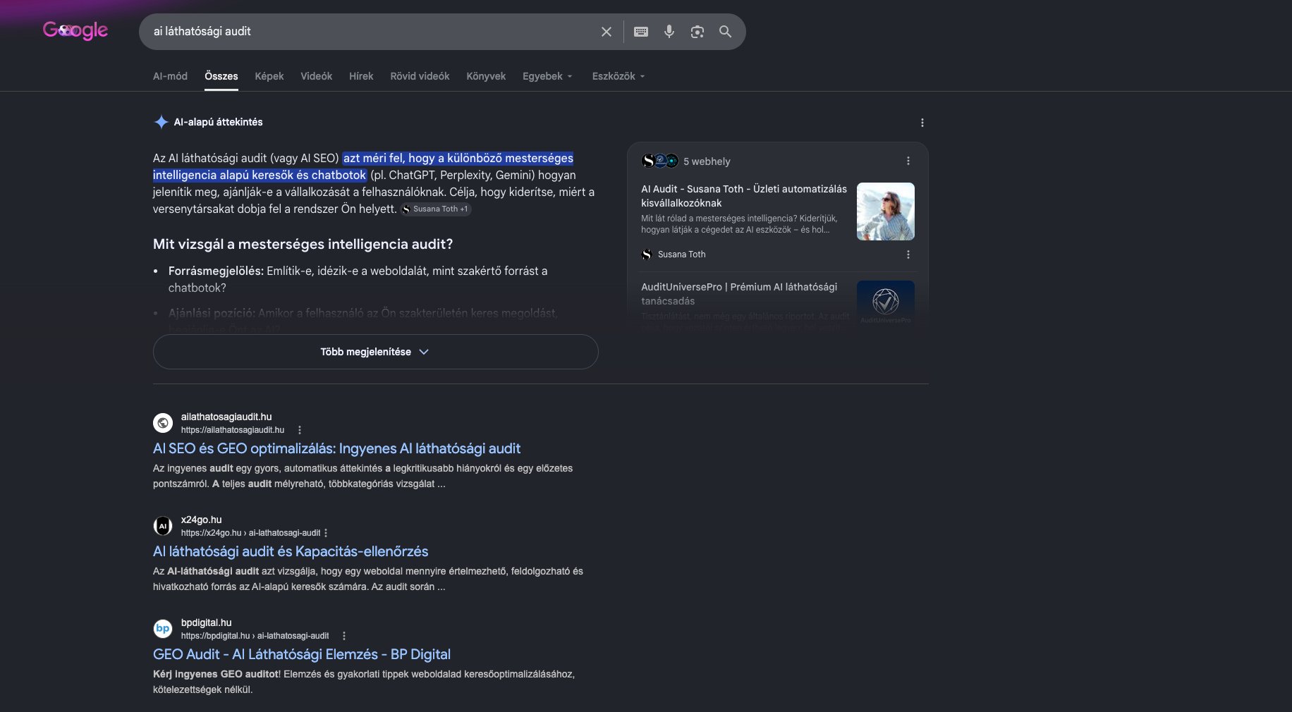 Google találat az „ai láthatósági audit" lekérdezésre — az oldalunk az első oldalon