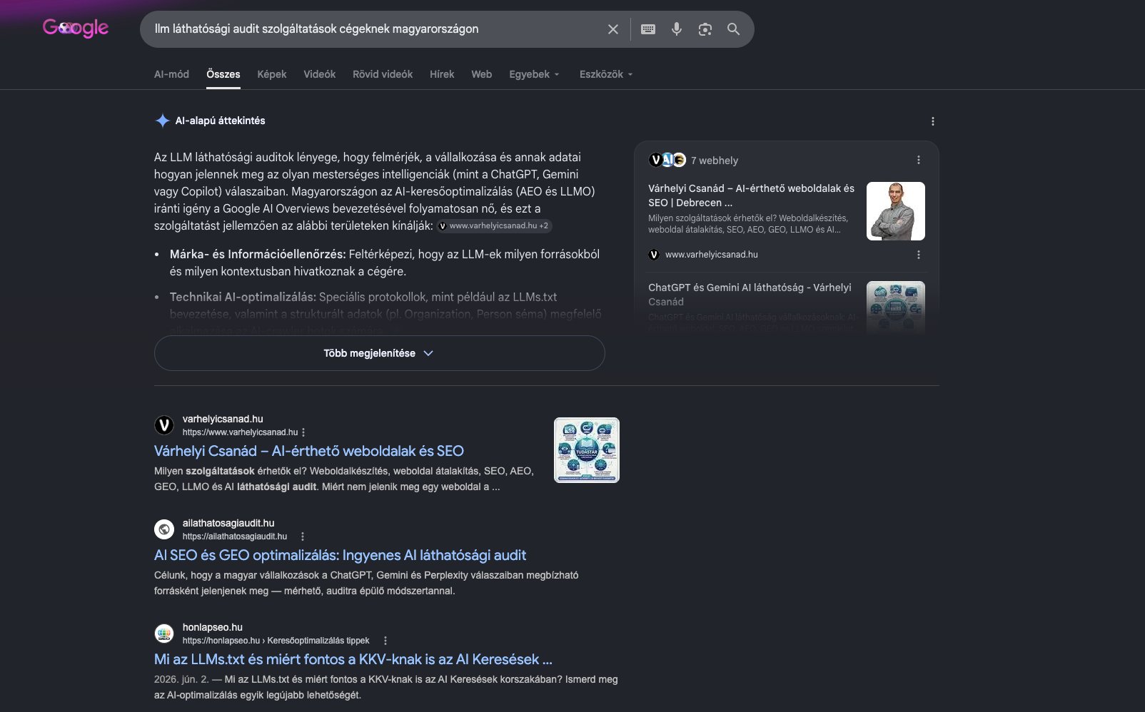 Google találat az „llm láthatósági audit szolgáltatások cégeknek magyarországon" lekérdezésre