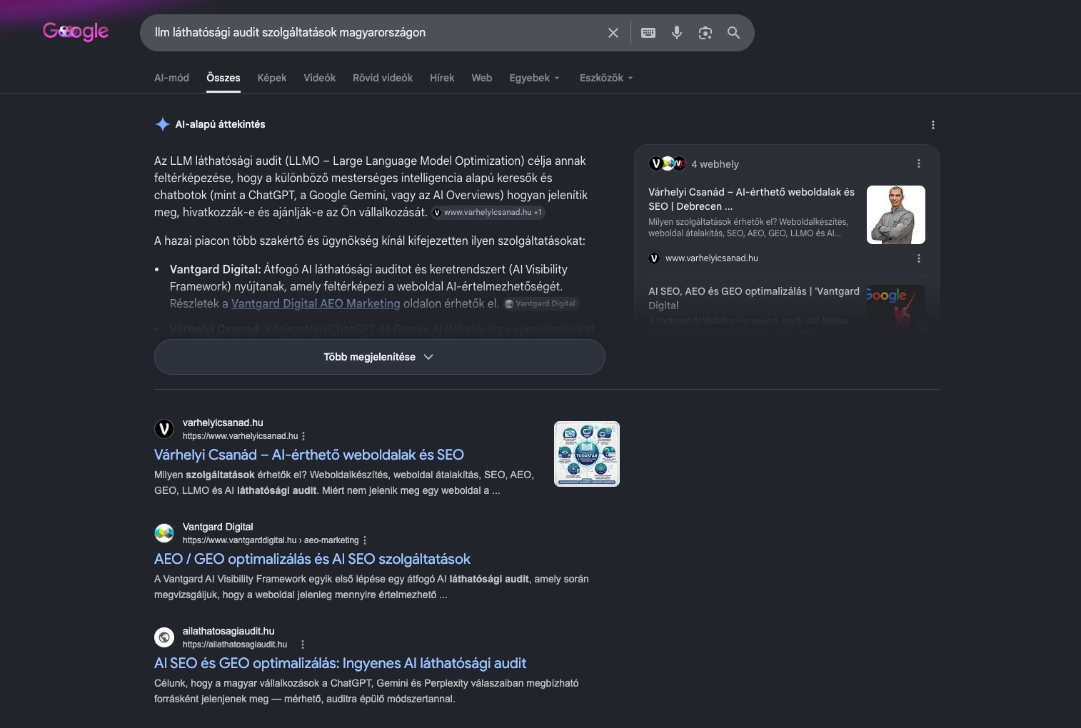 Google találat az „llm láthatósági audit szolgáltatások magyarországon" lekérdezésre