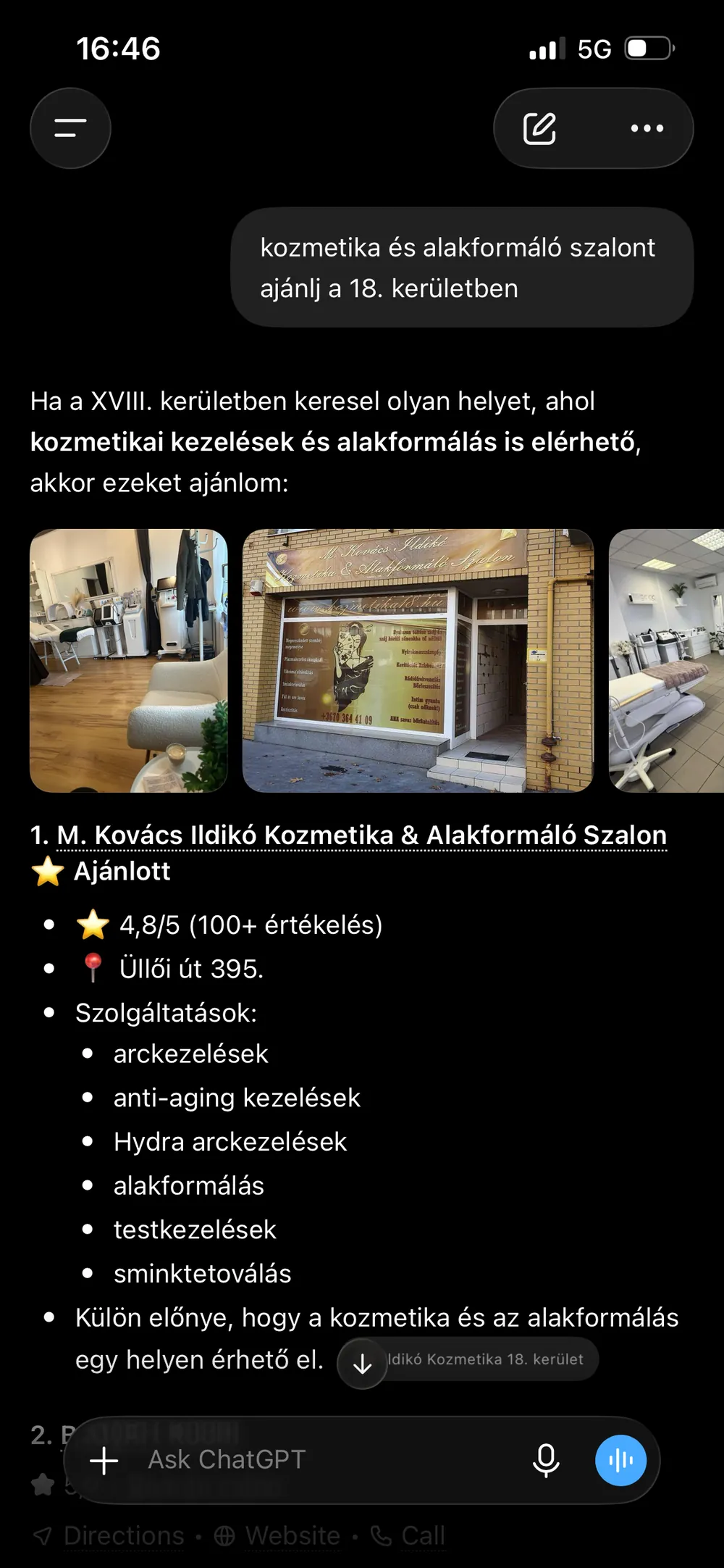 A ChatGPT "Ajánlott" jelzéssel, az első helyen hozza a szalont a kozmetika és alakformálás kérdésre