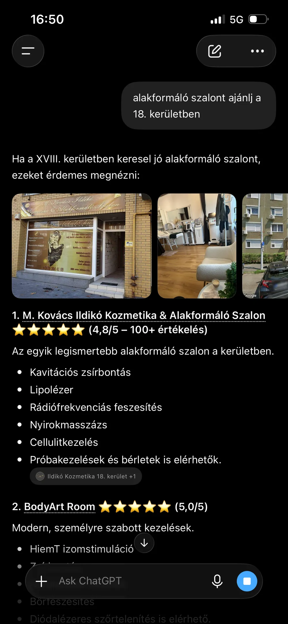 A ChatGPT az "alakformáló szalon 18. kerület" kérdésre is első helyen, fotókkal ajánlja a szalont