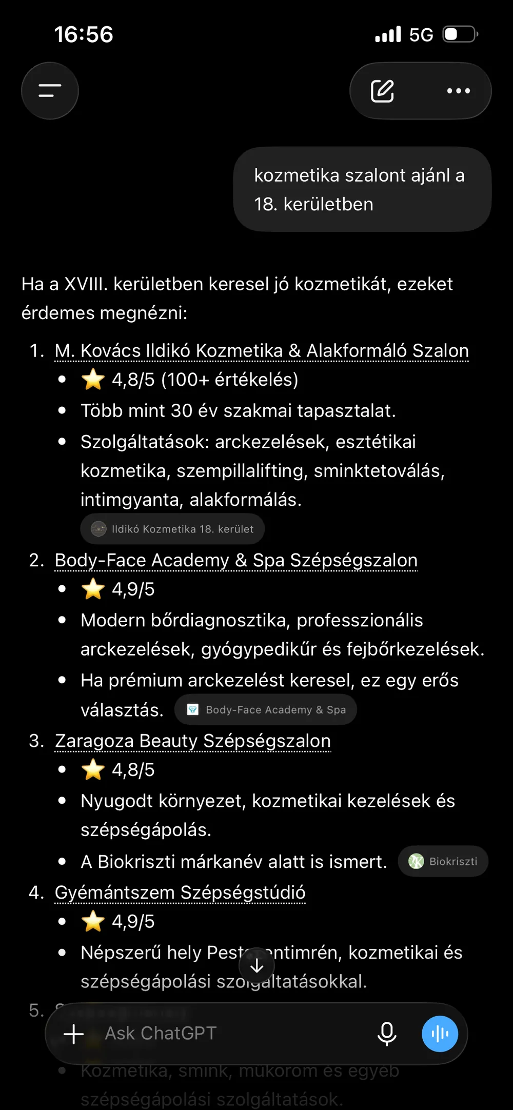 A ChatGPT a "kozmetika szalon 18. kerület" kérdésre az első helyen ajánlja a szalont