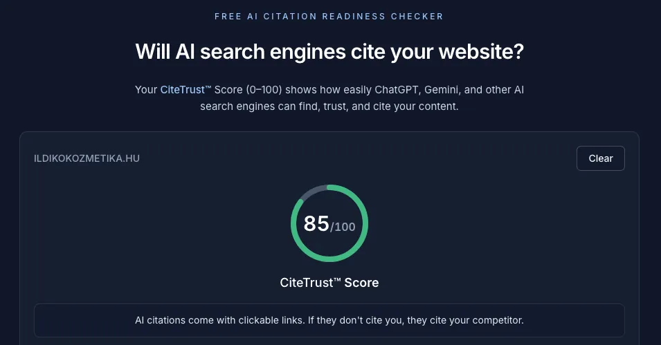 Független mérés — CiteTrust™ AI Citation Readiness Checker: az ildikokozmetika.hu pontszáma 85/100
