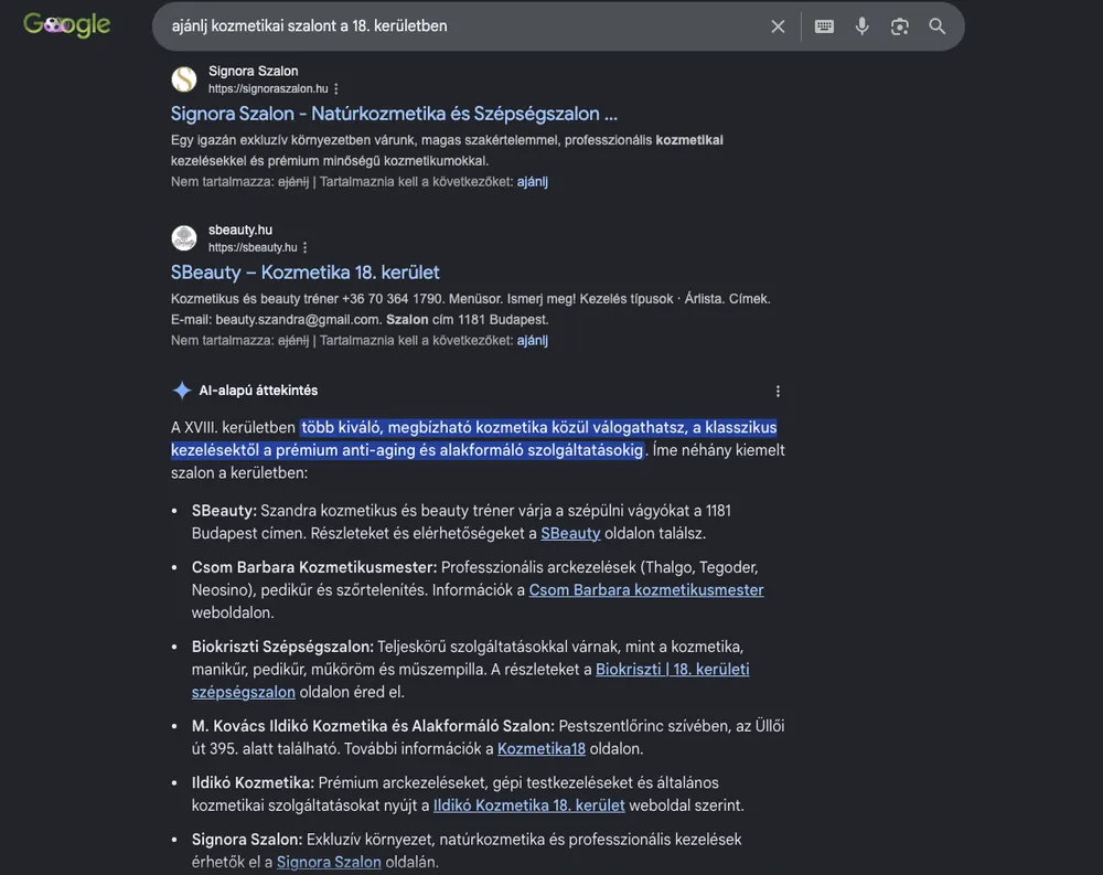 A Google AI-alapú áttekintése is a kerület ajánlott szalonjai között hozza a szalont