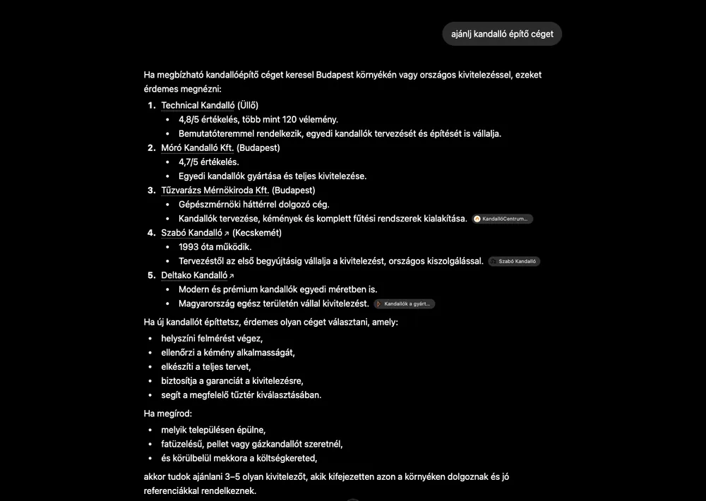 A ChatGPT az "ajánlj kandalló építő céget" kérdésre az ajánlott cégek között hozza a Deltako Kandallót