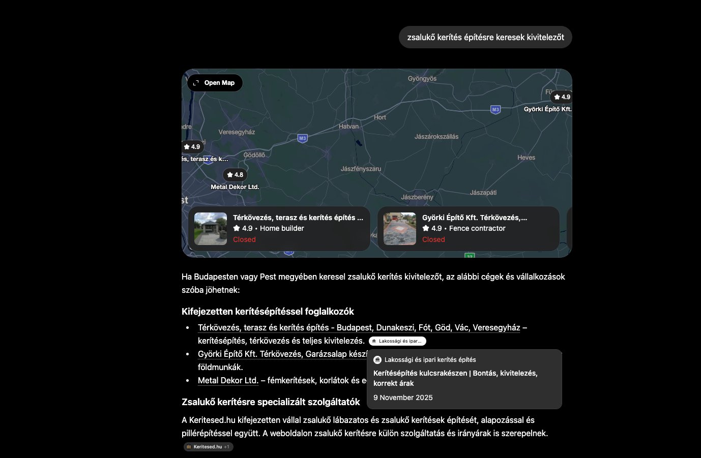 ChatGPT a keritesed.hu-t forrásként idézi, konkrét szolgáltatásokkal
