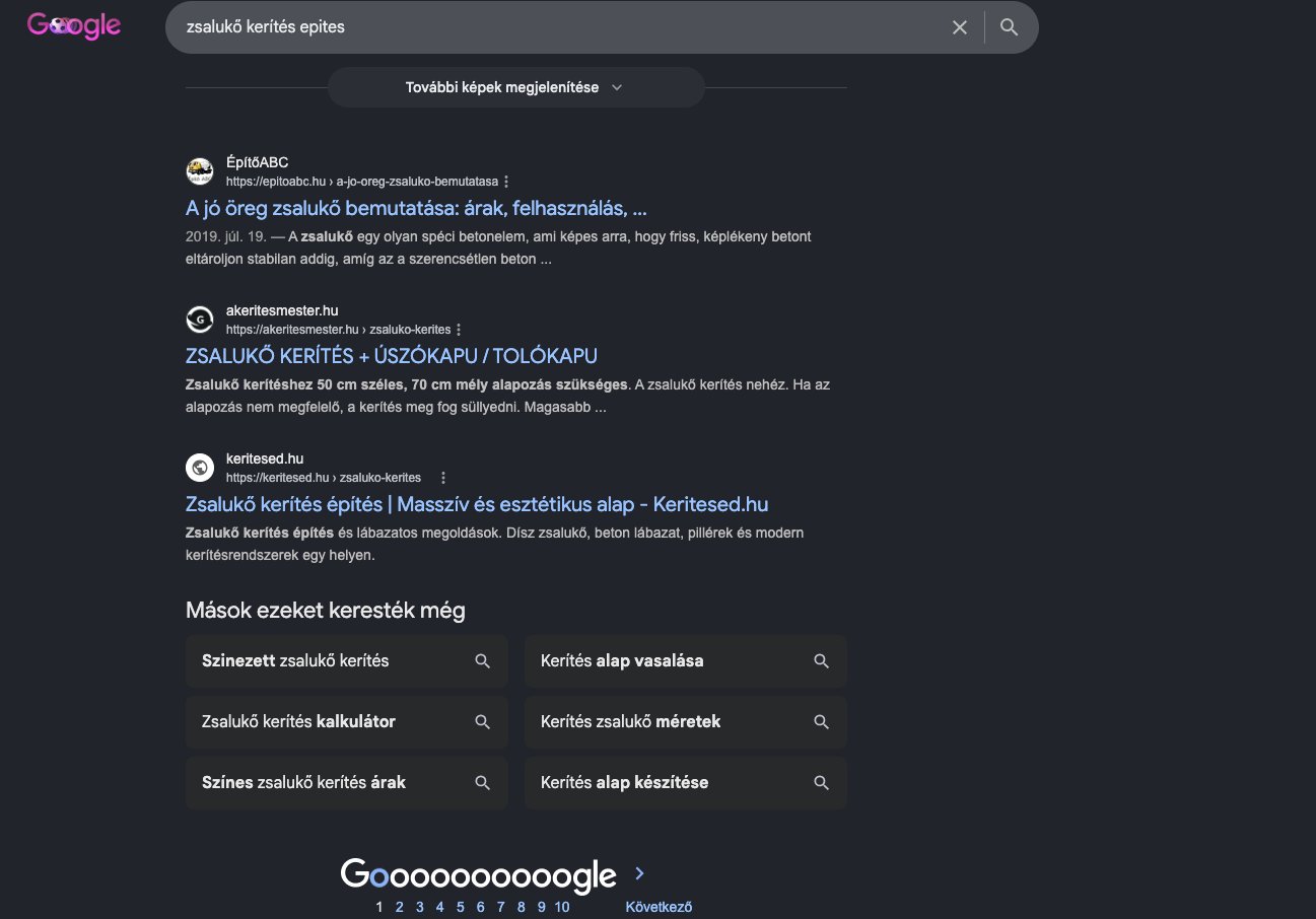 Google találati lista: a keritesed.hu az első oldalon a „zsalukő kerítés építés" kifejezésre