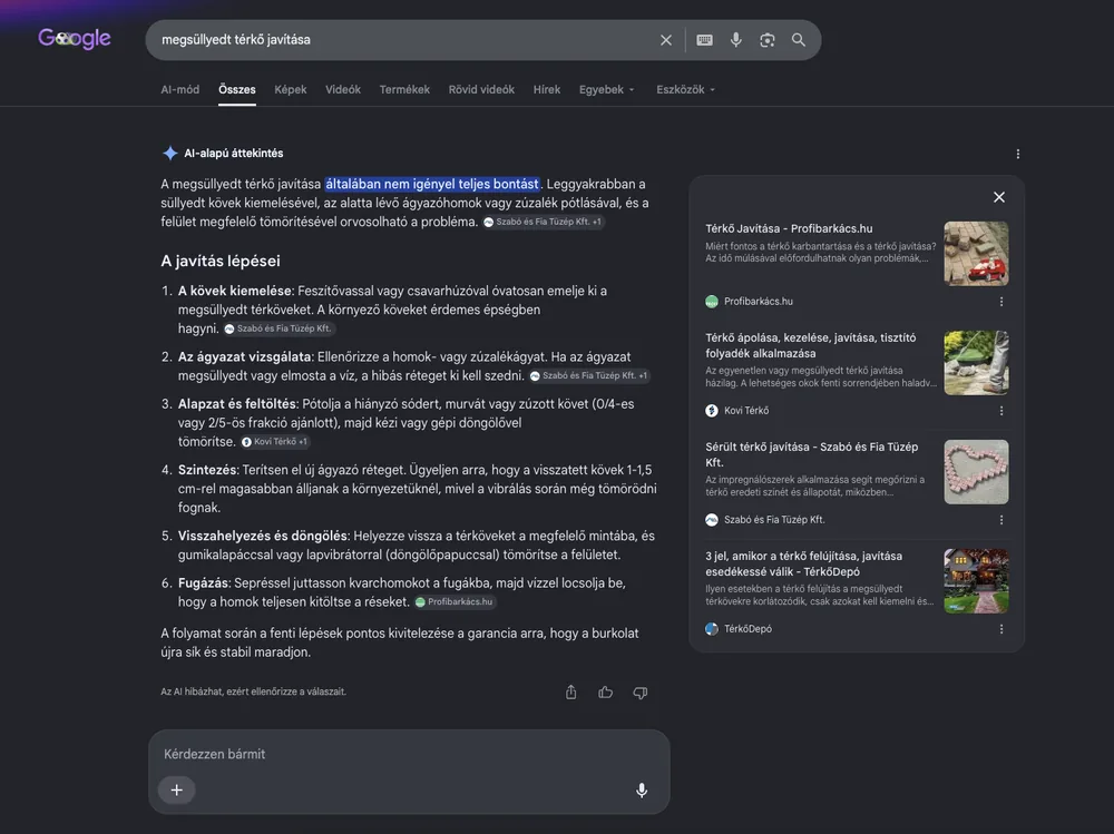 A Google AI-alapú áttekintése a "megsüllyedt térkő javítása" kérdésre négy másik forrást idéz – az ügyfél egyik oldalát sem