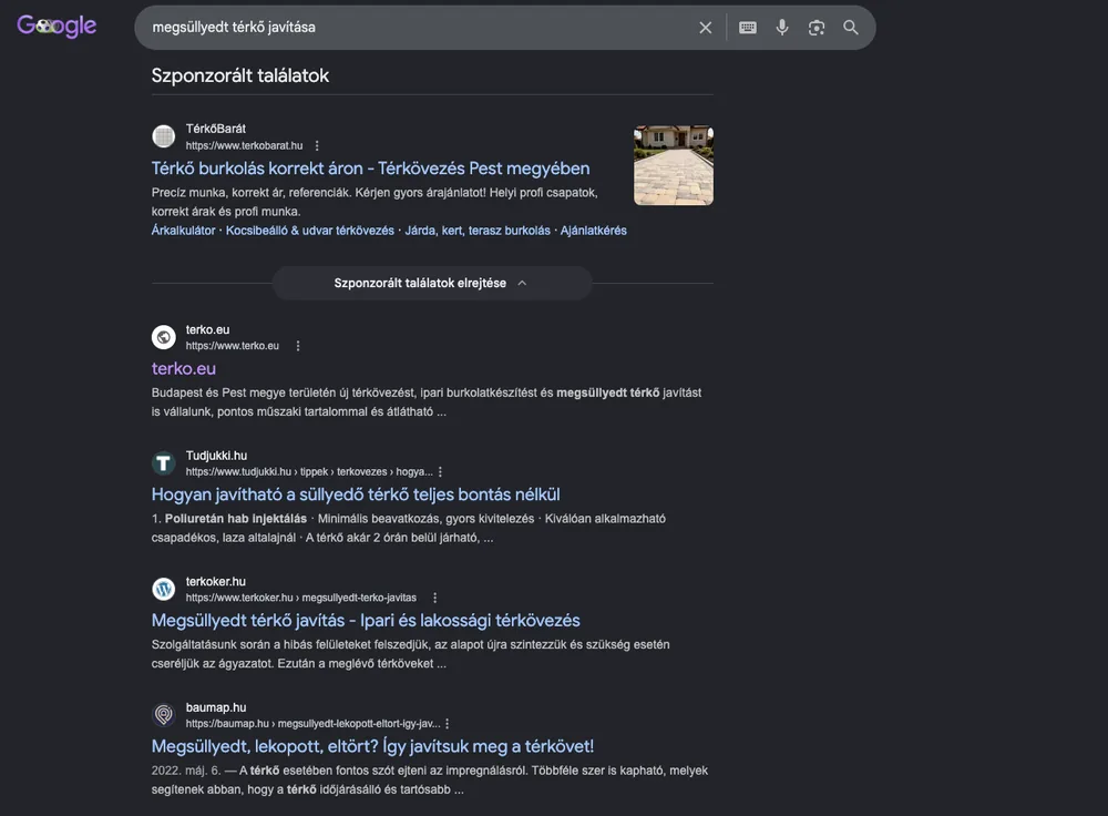 A "megsüllyedt térkő javítása" organikus találatai: a terko.eu az első, a terkoker.hu a harmadik helyen