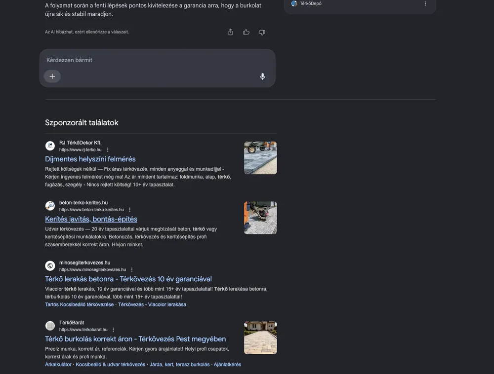 A találati oldalt fent és lent szponzorált hirdetések keretezik, az organikus találatok így egyre lejjebb csúsznak
